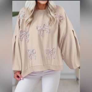 Bow Trim Puff Sleeve Oversized Sweatshirt **NEW**